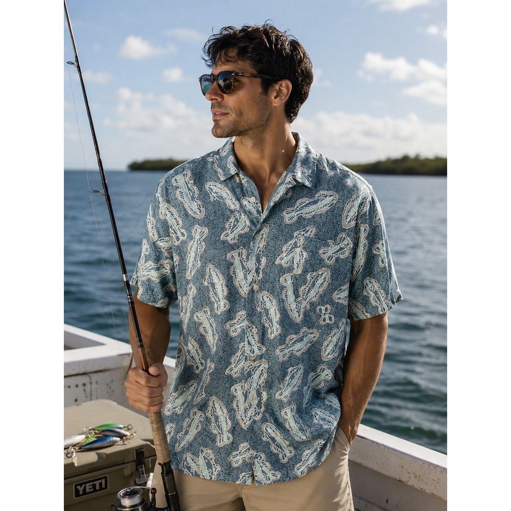 COLUMBIA Men's XL Teal Green W/ Multicolor Fish AOP Short Sleeve Shirt‎ -1310